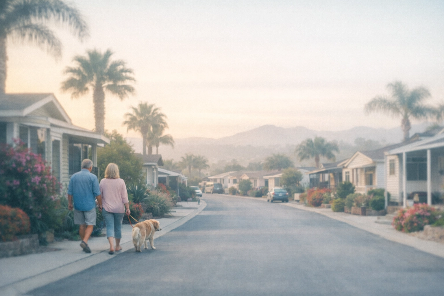 Manufactured home community street in North San Diego County with palm trees and landscaping