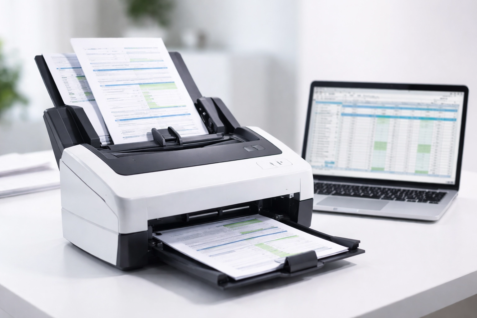 Document scanner processing papers beside a laptop with organized data, demonstrating tax office workflow automation and data entry efficiency.