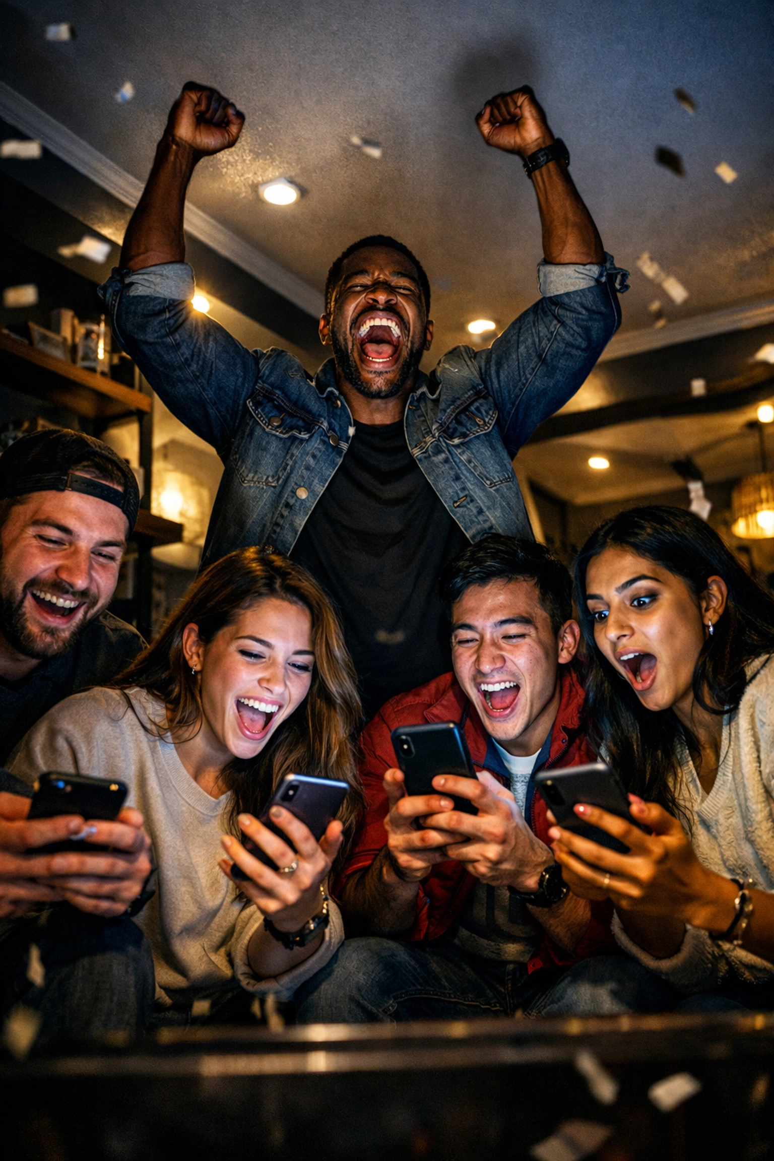 Fans celebrating in a living room while using mobile devices, reflecting multi-screen engagement during the game.