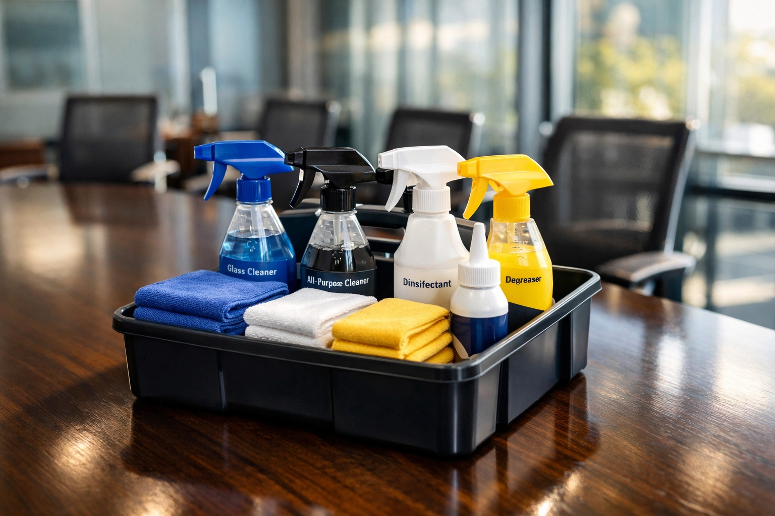 Professional office cleaning Bedford supplies including specialized wood cleaners in a modern boardroom.