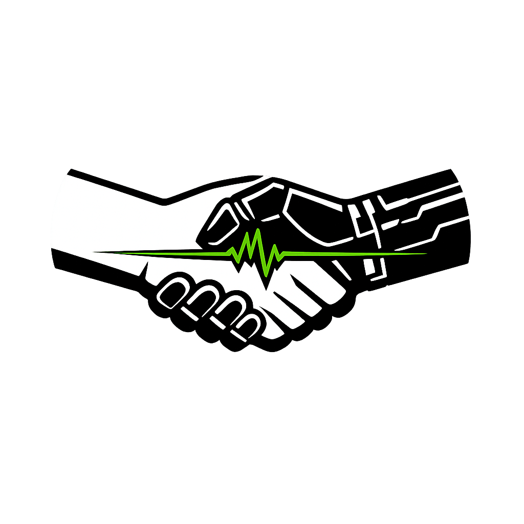 A human hand and a robotic hand are shaking, with a green digital pulse connecting them. This symbolizes the partnership between people and technology, illustrating SAINT’s approach of integrating intelligent IT solutions and human expertise to ensure seamless, reliable business operations.