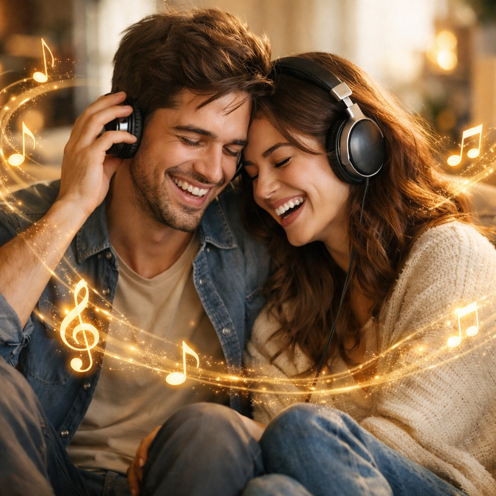 A happy couple sharing headphones while listening to a personalized custom song from Ujamma Sounds.