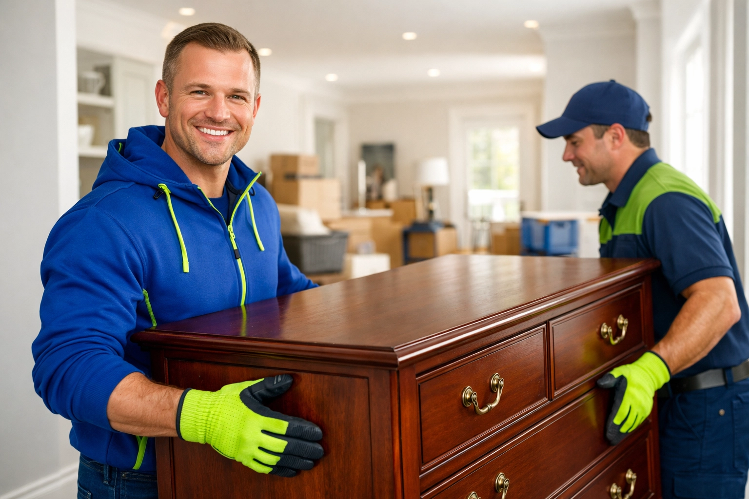 Full Property Cleanout in Richmond Hill: What to Expect Junk GTA team safely moving a heavy dresser during a professional full property cleanout in Richmond Hill.