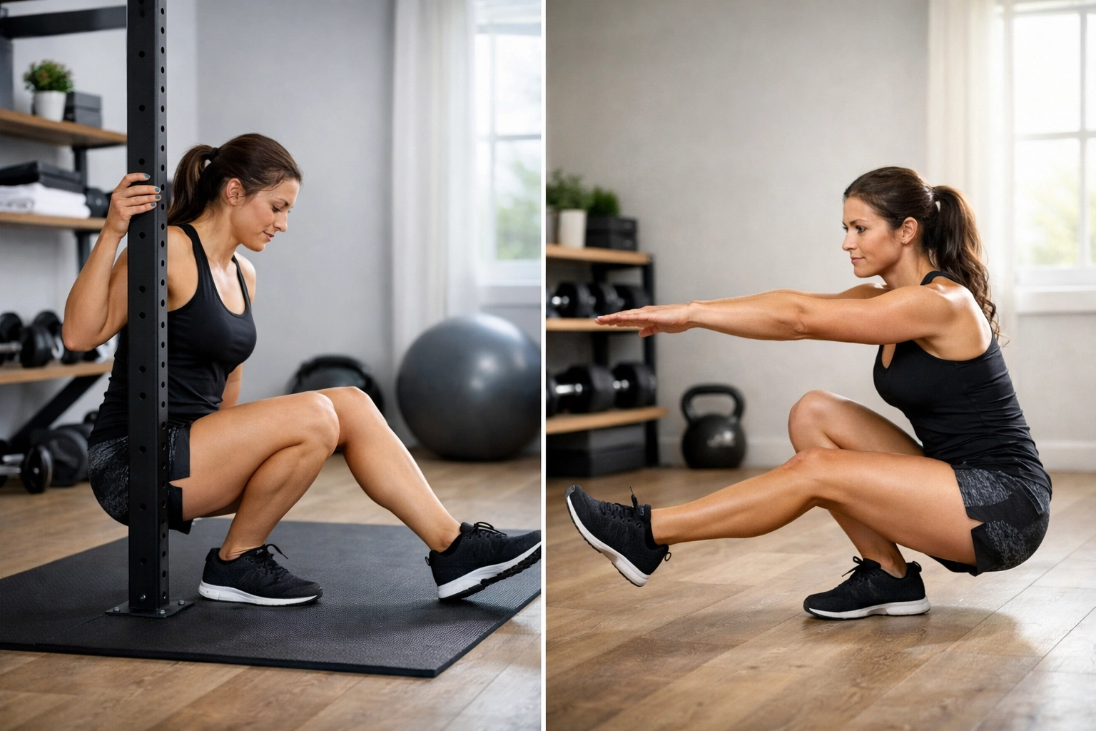 Pistol squat progression showing assisted and unassisted single-leg squat in home gym