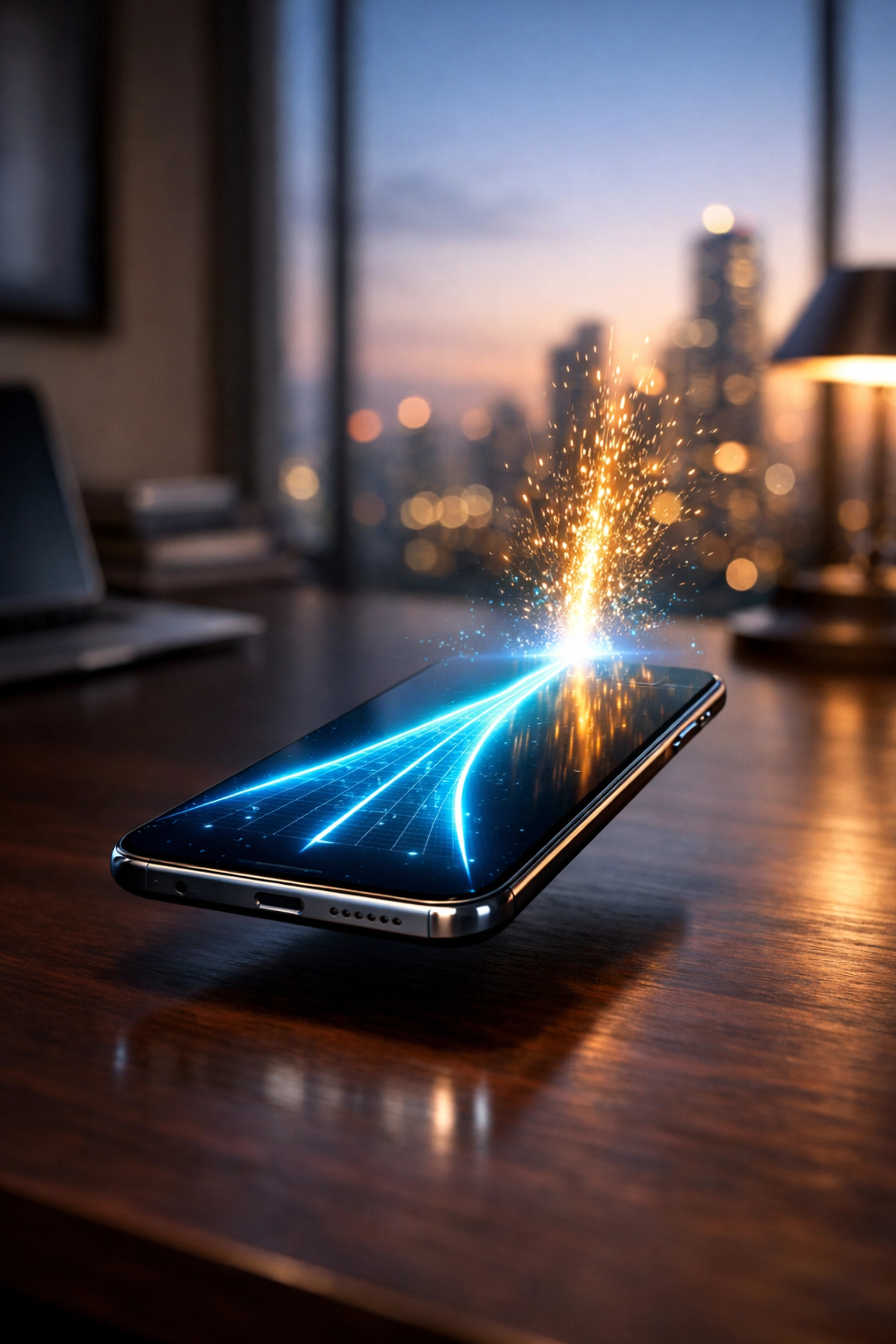 AI budgeting app forecasting future cash flow trends on a smartphone screen in a modern office.