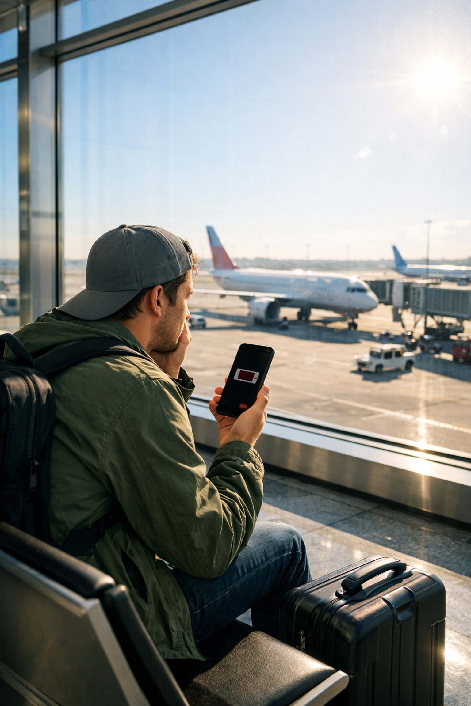 Frustrated traveler at an airport terminal after a viral skip-lagging travel hack leads to a flight cancellation.