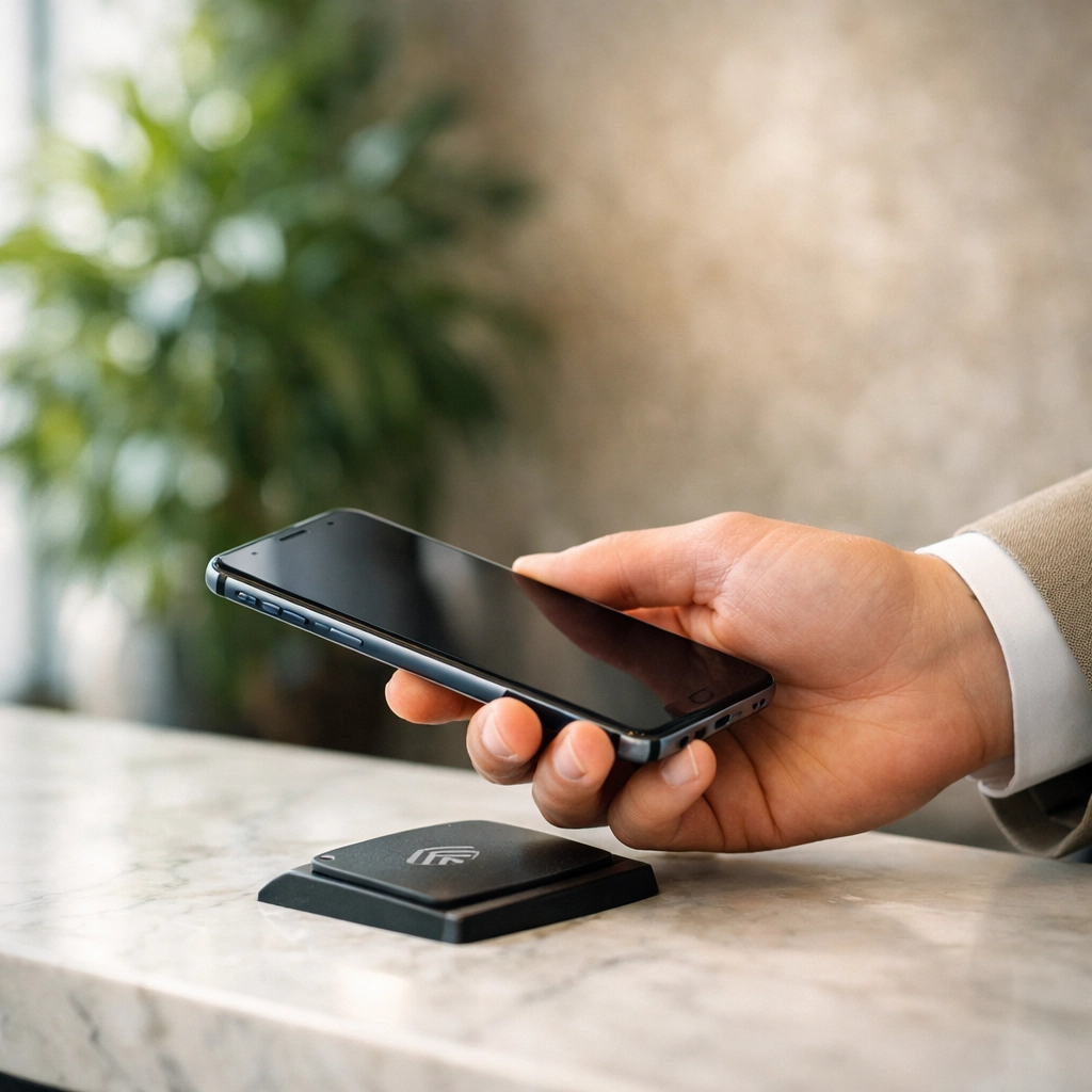 Mobile self-check-in via smartphone at a modern hotel lobby to speed up the guest journey.