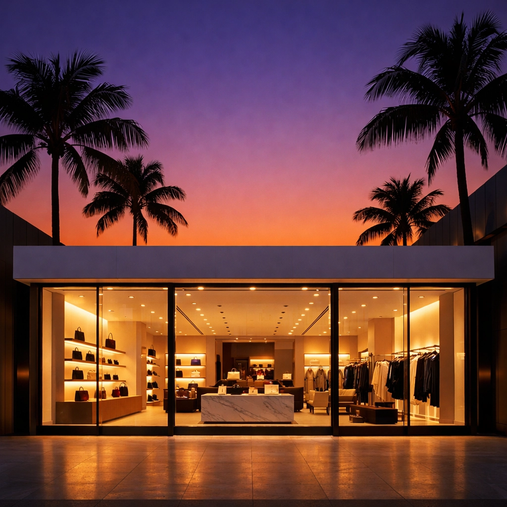 Luxury brand photography featuring a sleek storefront in the Miami Design District at sunset.