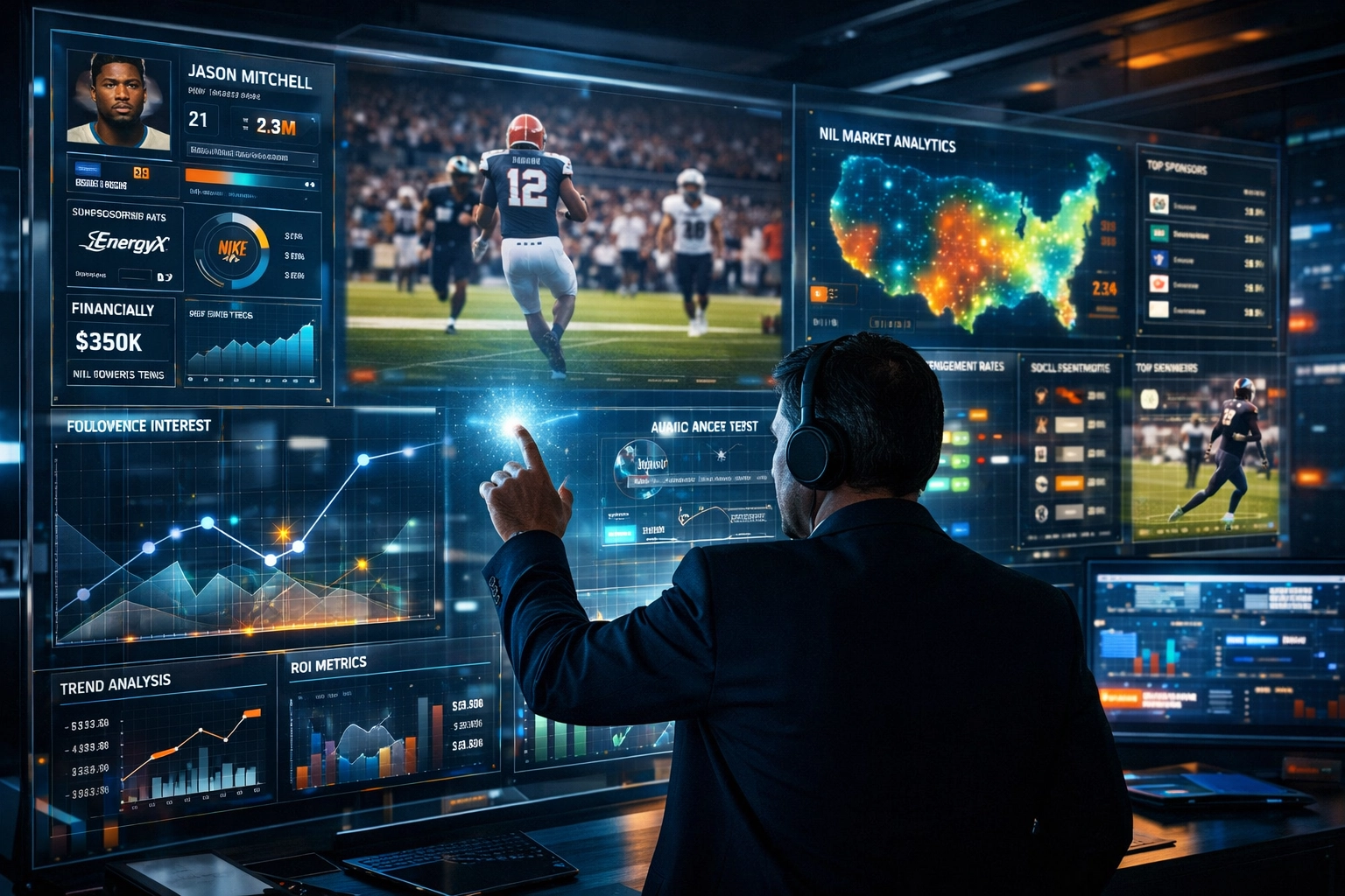 A sports marketing professional using AI data analytics to optimize real-time NIL marketplace strategy.