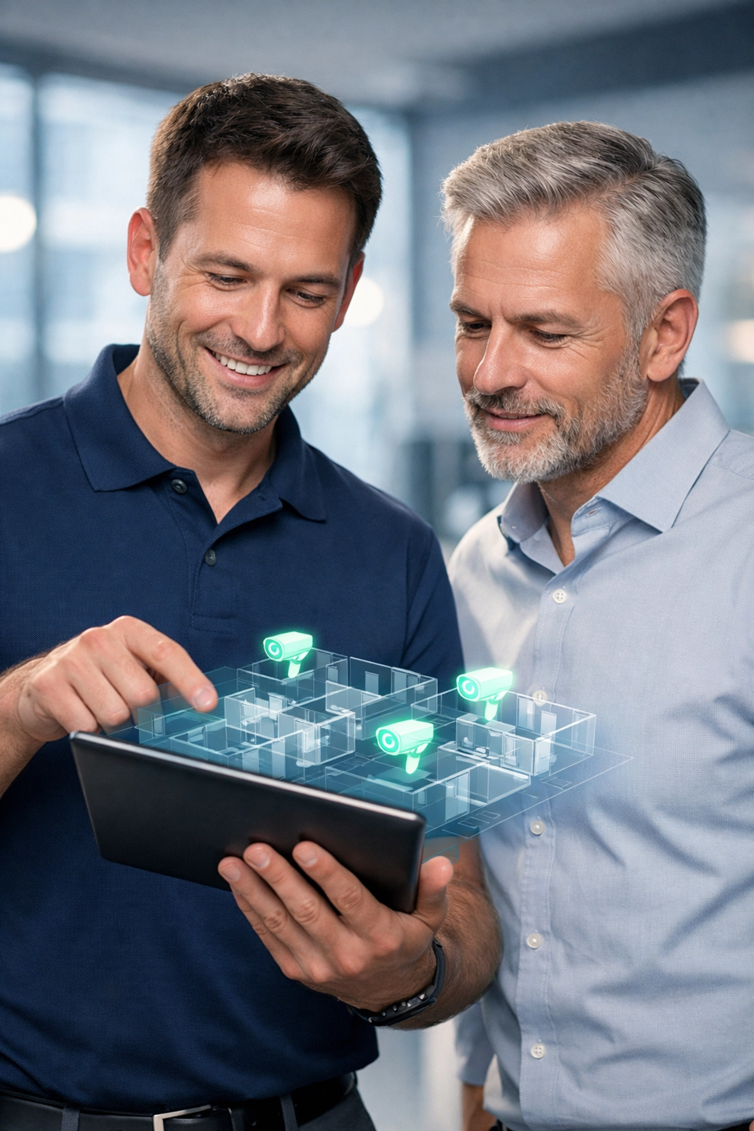 ClearPath IT consultant demonstrating a 911 Camera Share dashboard on a tablet to a Michigan business owner.