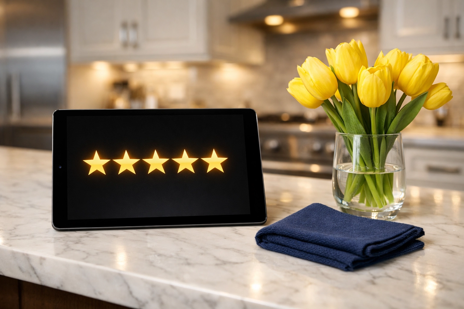 Five-star customer reviews for cleaning services near me shown on a digital tablet in a luxury kitchen.
