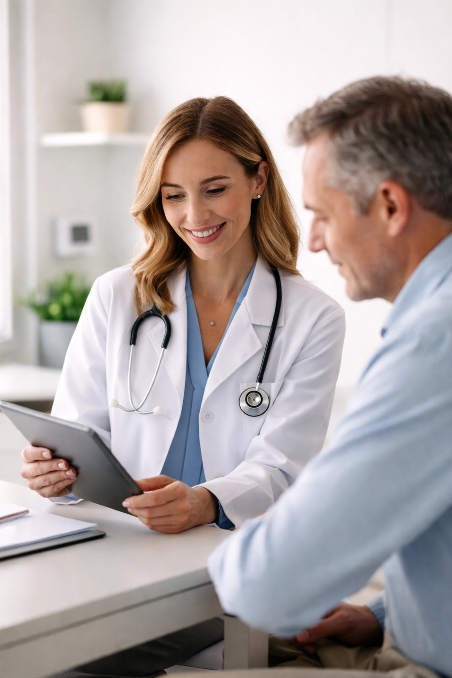 Licensed medical provider and patient reviewing diagnostic lab results for peptide therapy oversight