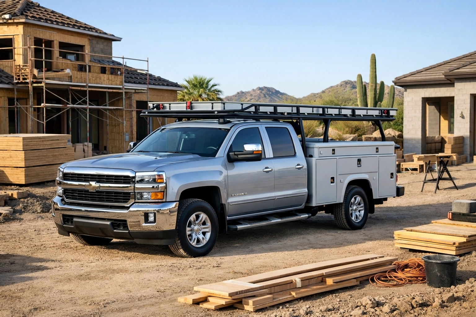 Contractor truck with ladder rack at construction jobsite protected by commercial auto insurance