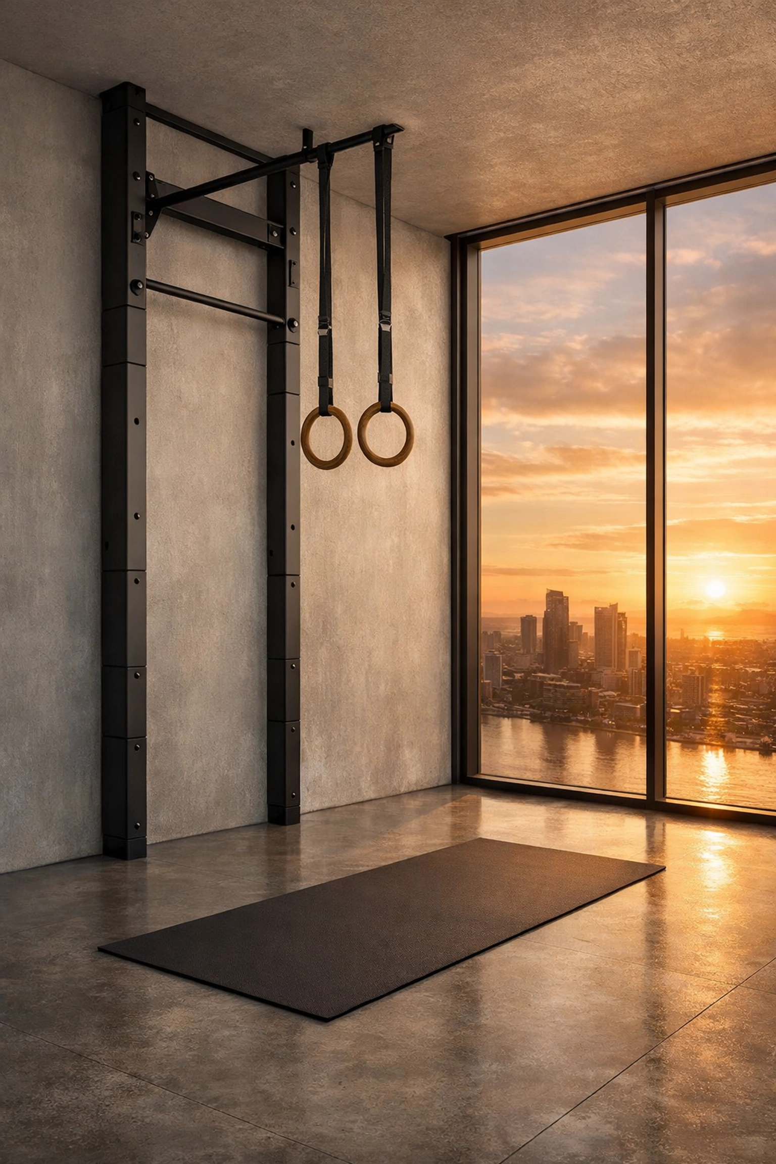 Sleek floor to ceiling gym rail with gymnastic rings in a minimalist home training space.