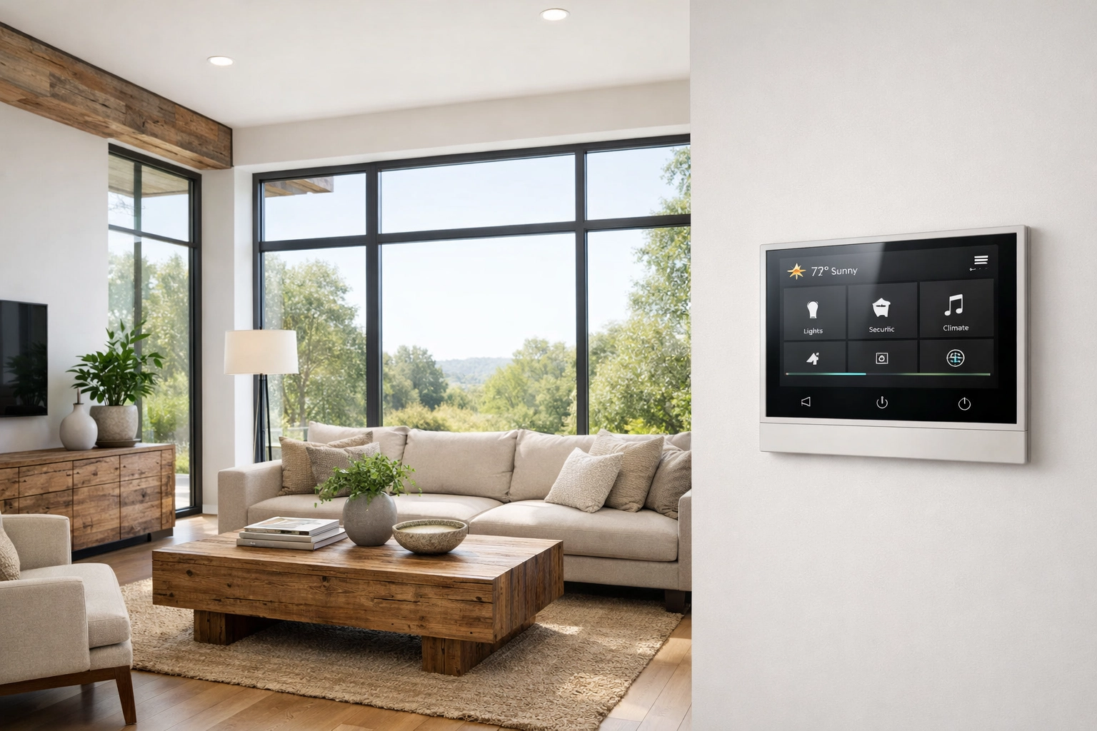Modern Orlando living room with energy-efficient windows and a smart home control panel.