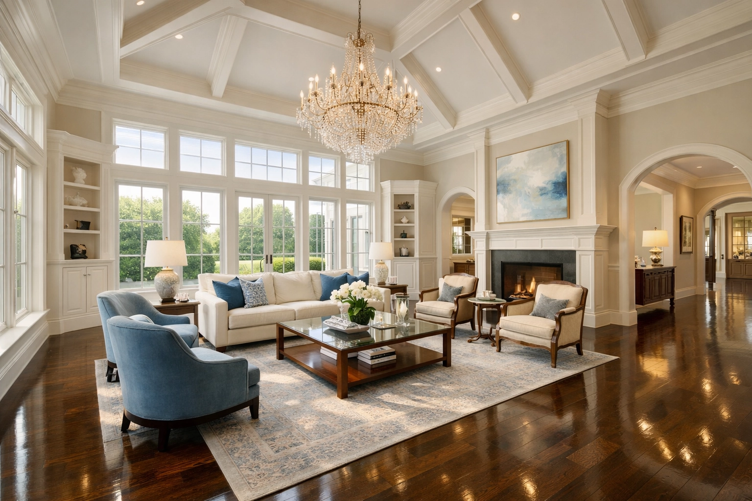 Spotless luxury Sherborn estate living room after a high-end residential cleaning service.