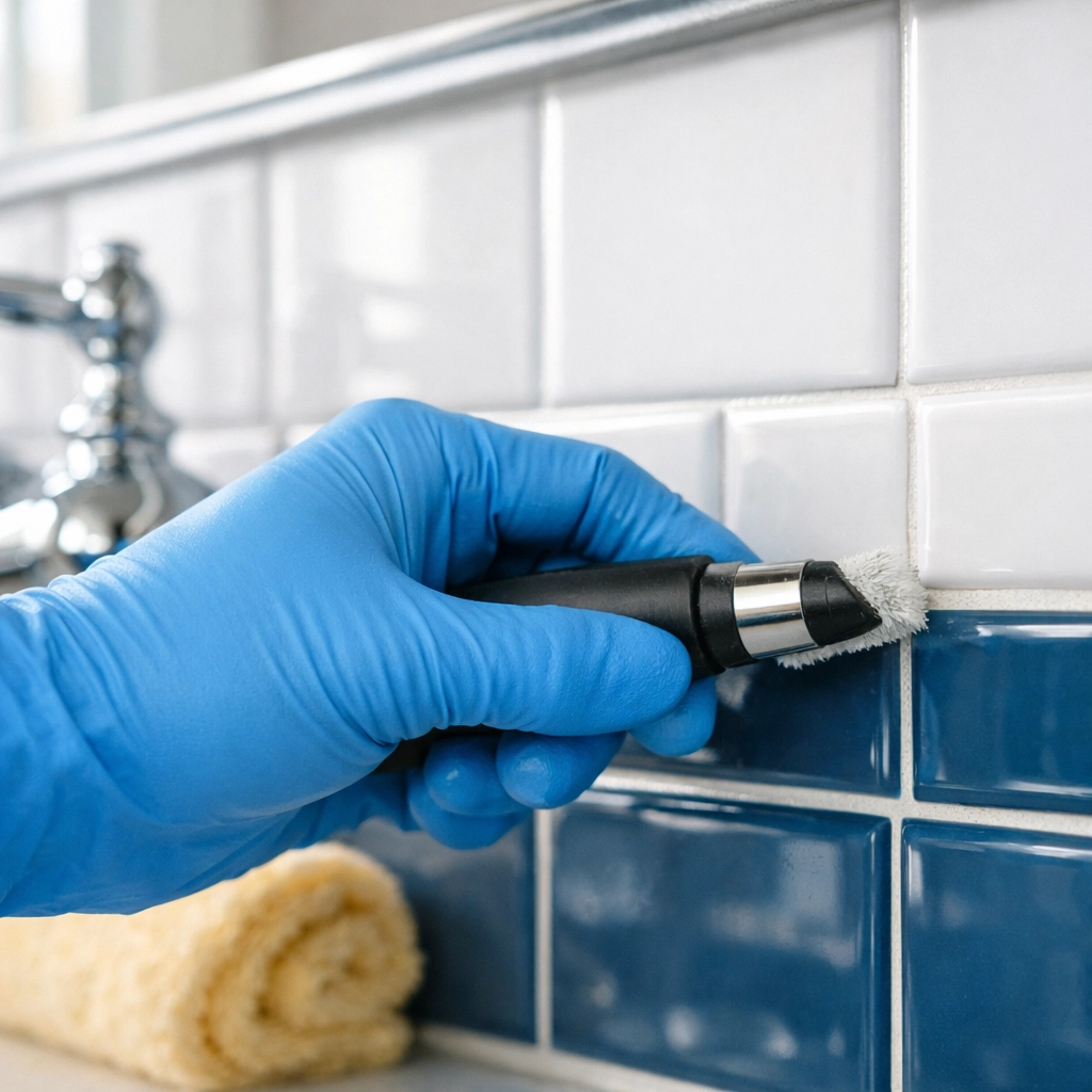 Detailed deep cleaning of bathroom tile grout in a Salem Massachusetts historic home.