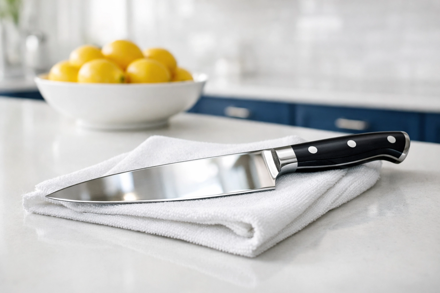 A clean, dry kitchen knife on a white cloth in a luxury kitchen, part of a weekly house cleaning routine.