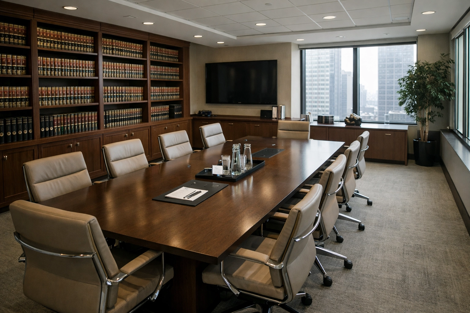 Modern Virginia law office interior with conference table and law books