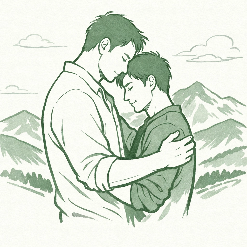 Tall and short gay couple embracing on mountain - MM romance size difference illustration
