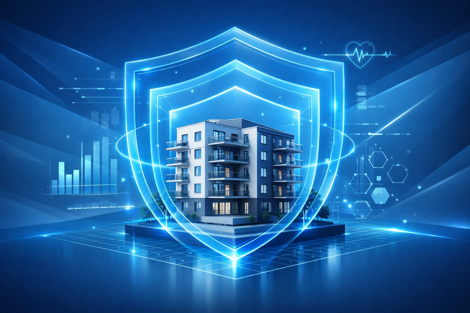 Data-driven building management art symbolizing NYC compliance, asset protection, and financial budgeting.