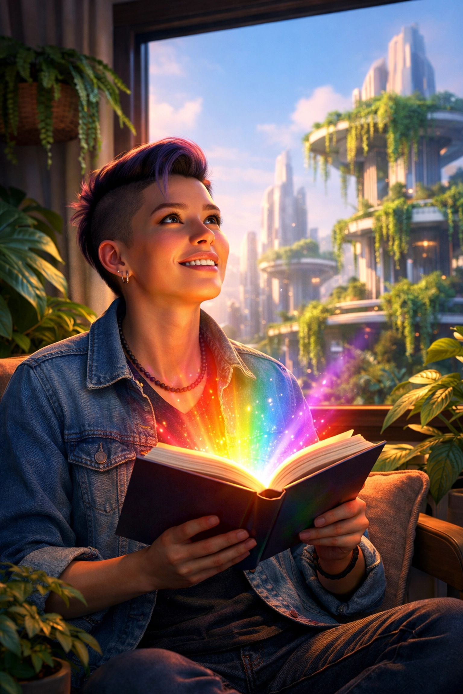A person inspired by a glowing LGBTQ+ book, envisioning a hopeful queer future through stories and fiction.