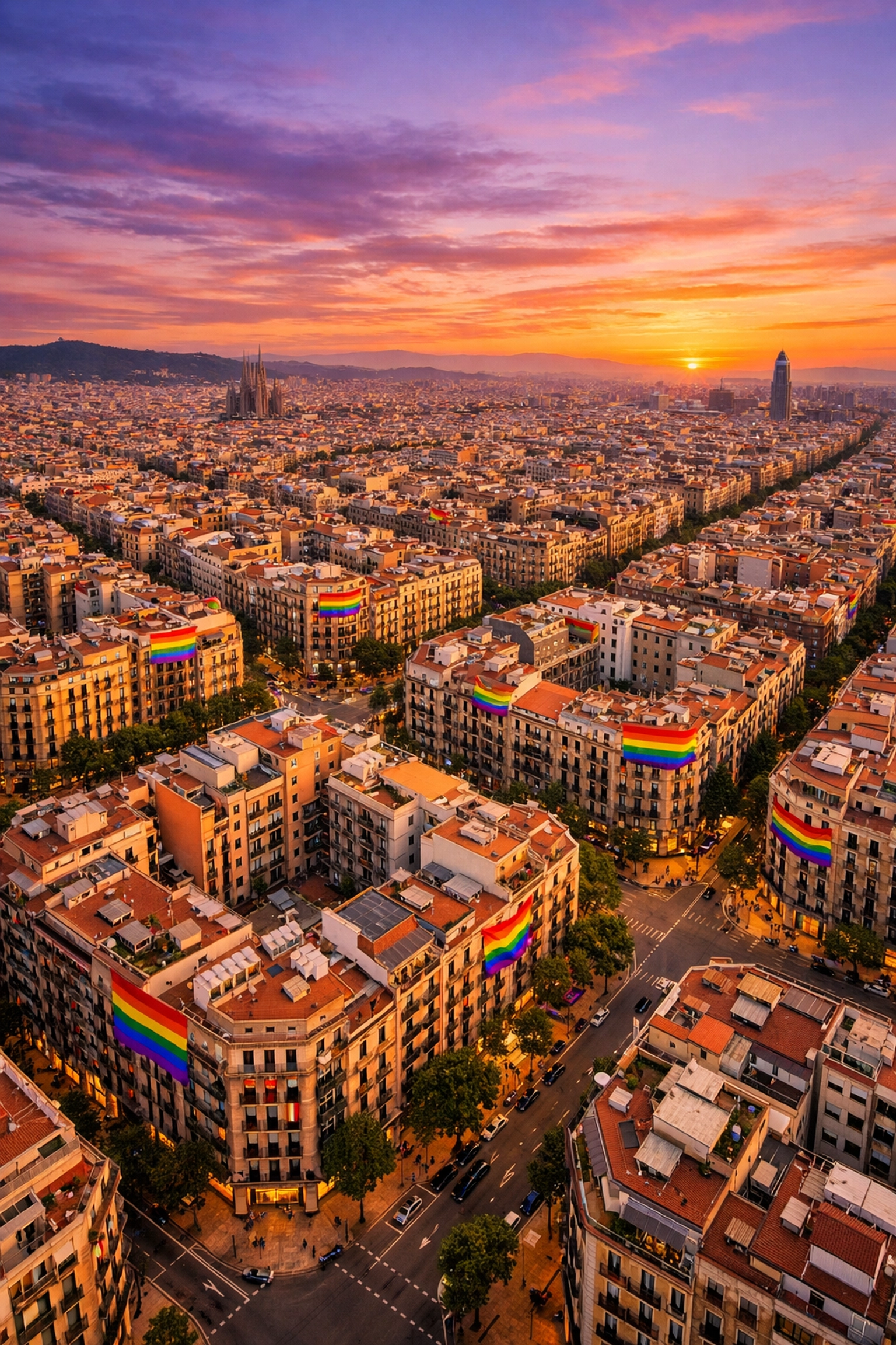 Aerial view of Barcelona's Gaixample gay district with rainbow pride flags at sunset