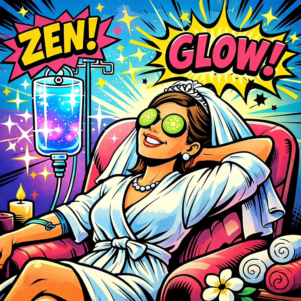 Bride receiving pre-wedding IV hydration therapy in relaxing spa chair for wedding day glow