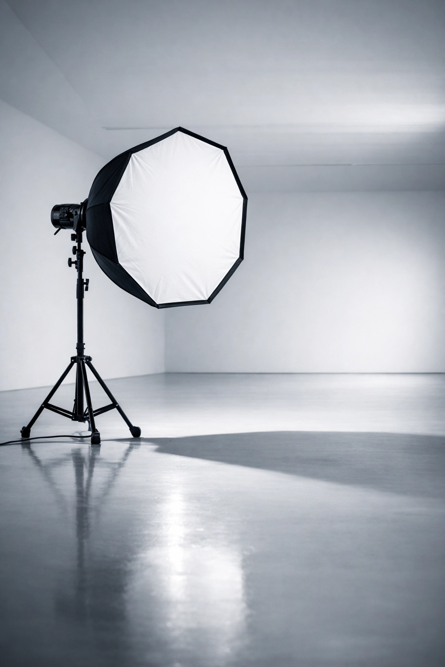 Professional studio lighting setup for high-end corporate event photography in a modern gallery.