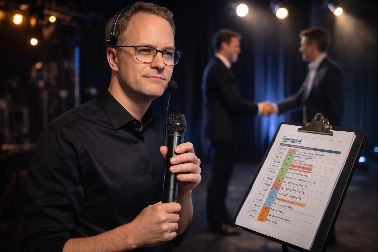 A man in a black shirt sits in front of a microphone