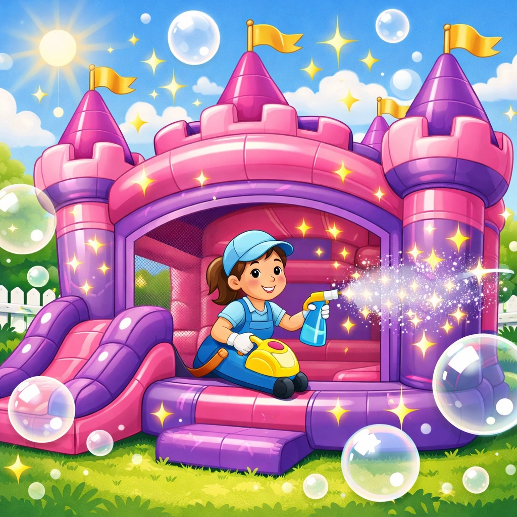 Cleaned and sanitized pink princess bounce house rental for a safe girls birthday party in Spring Hill.
