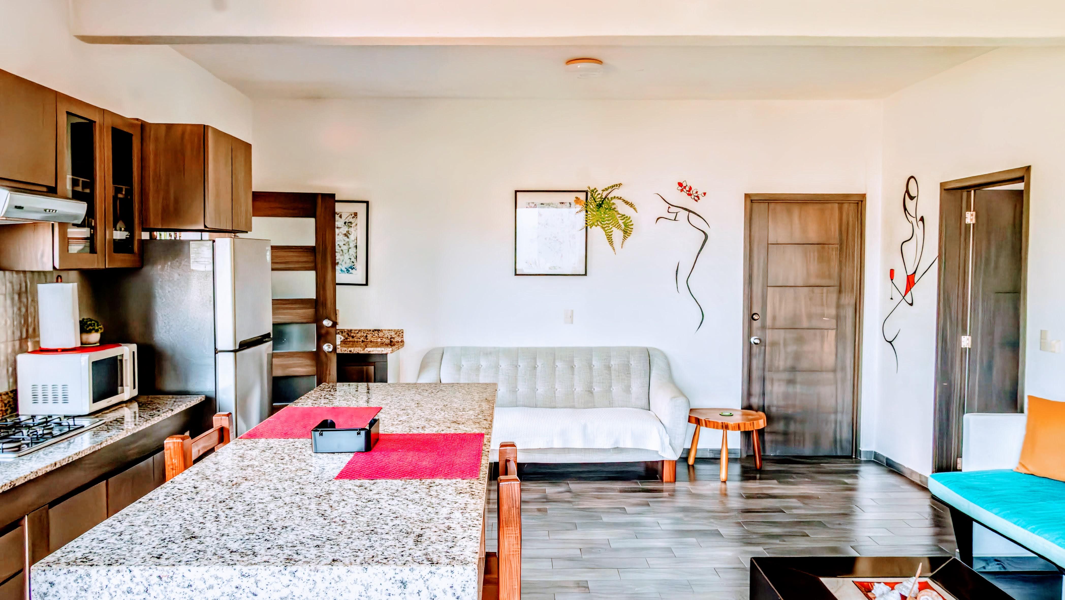 Modern open-concept condo living area