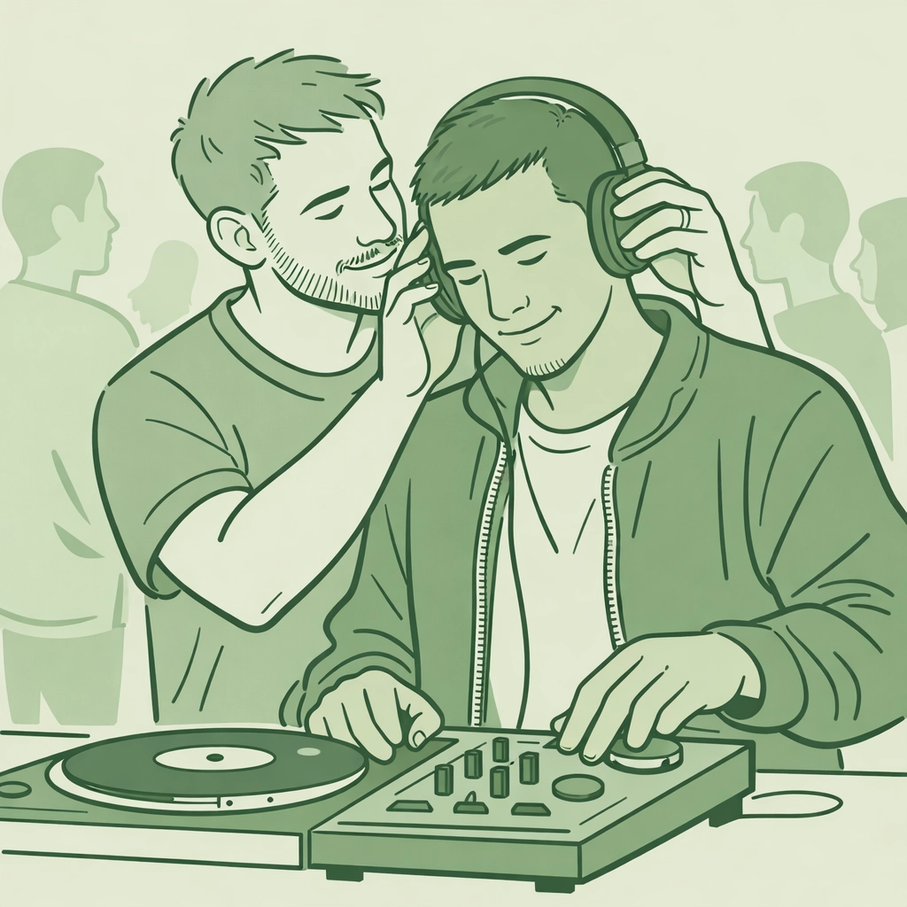 MM couple helping with vinyl gear at gay community event, demonstrating trust and emotional bond