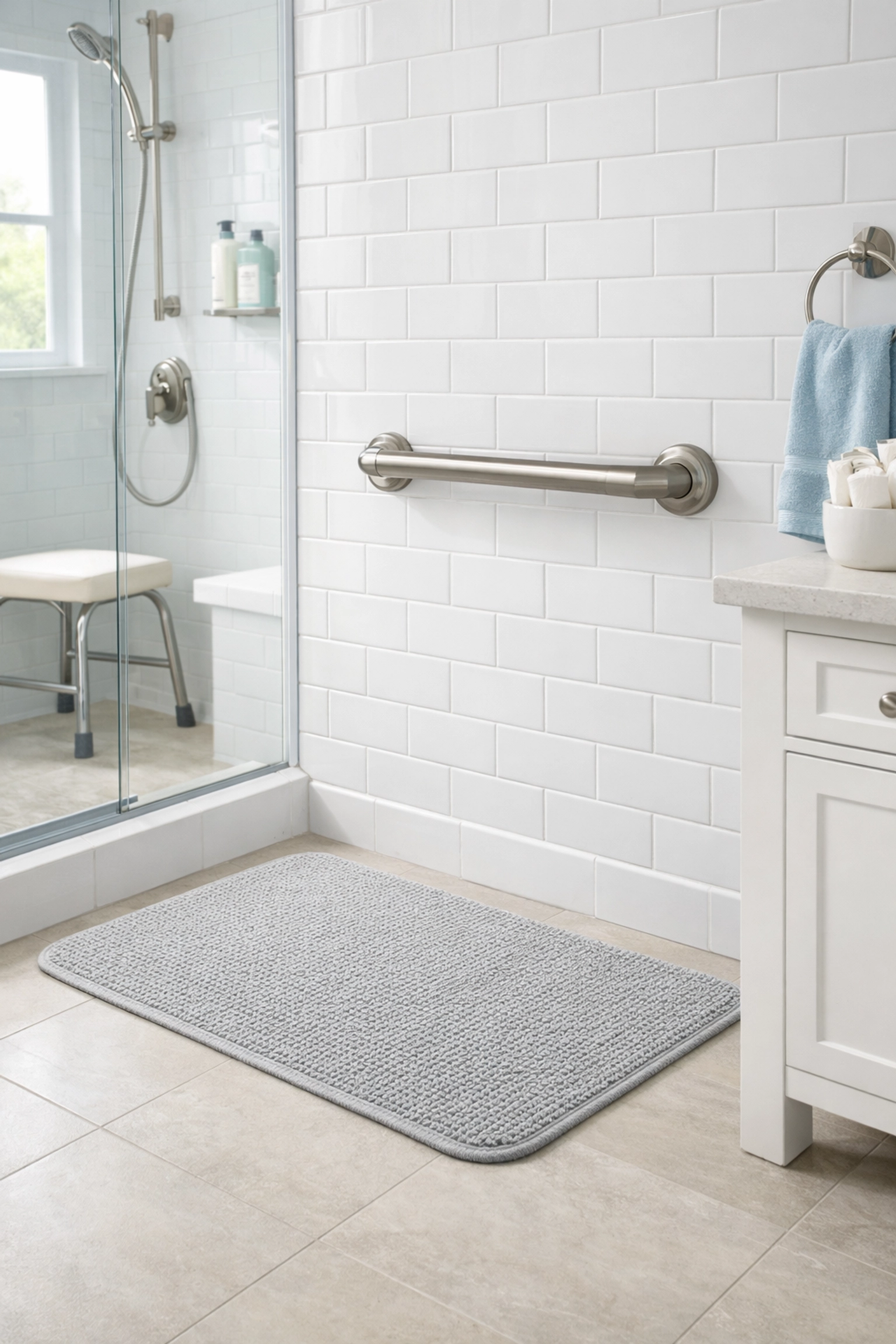 Modern bathroom with a sturdy safety grab bar and non-slip mat for elderly fall prevention and home accessibility.