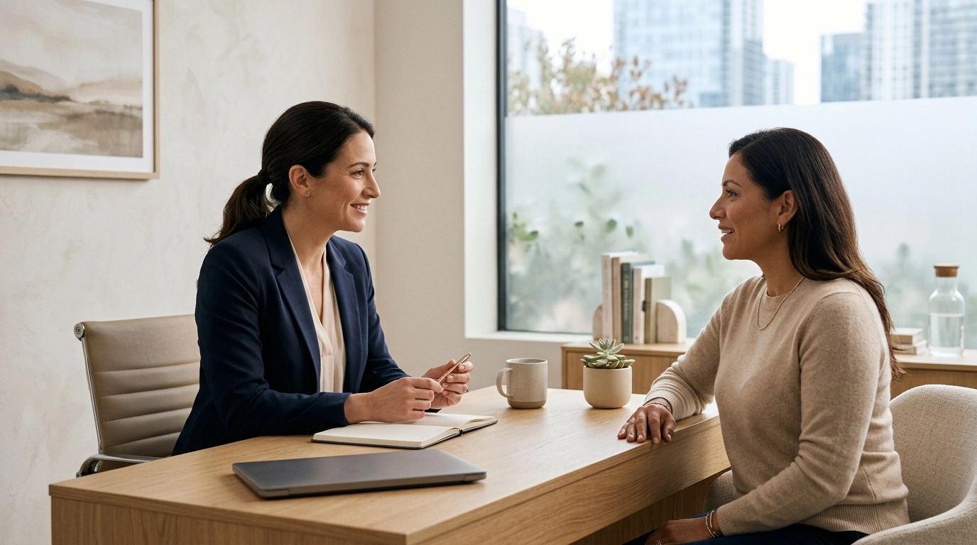 Modern premium lifestyle image of a patient consulting with a healthcare professional about GLP-1 treatment options