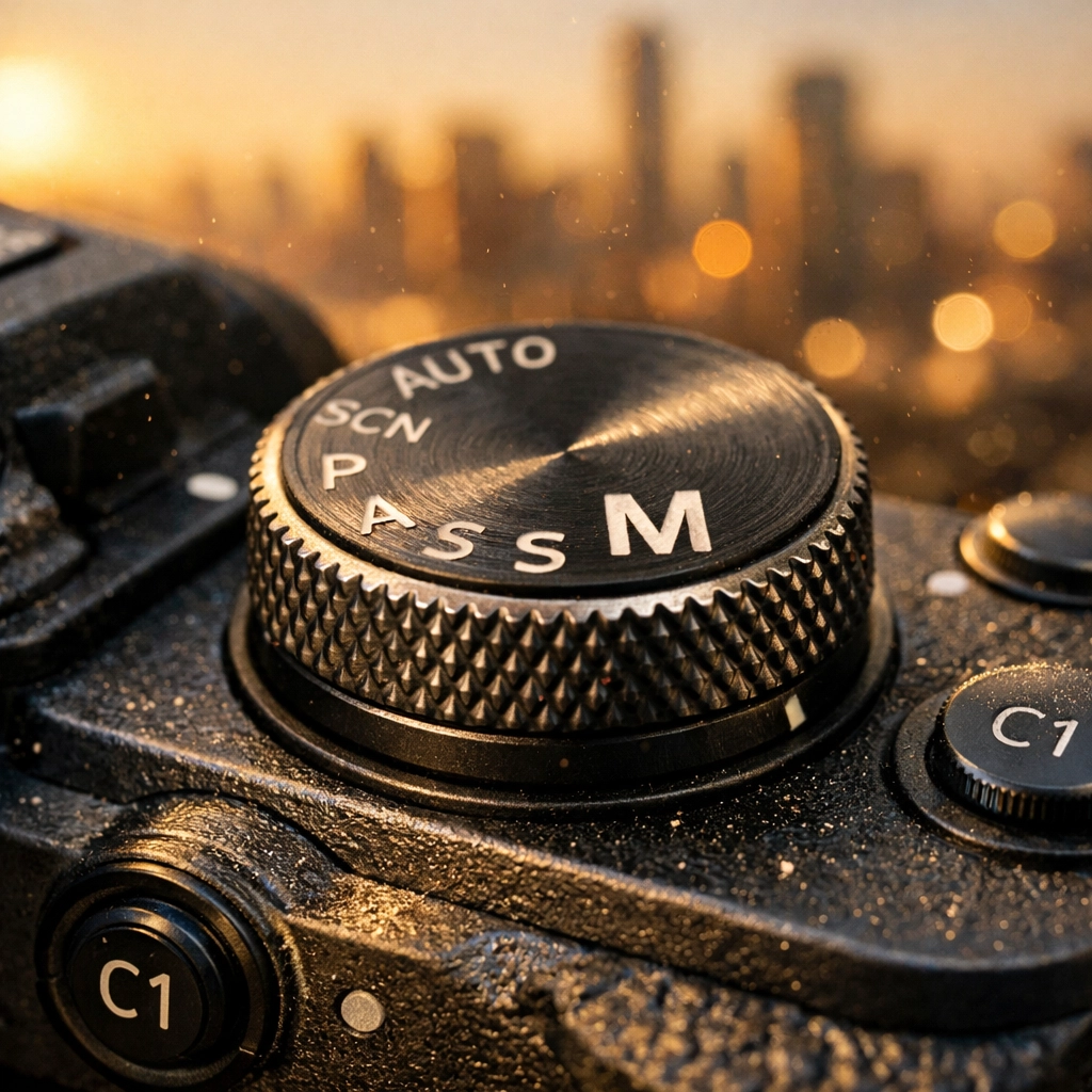 Close-up of a professional camera dial set to manual mode against a sunset background for photography tutorials.