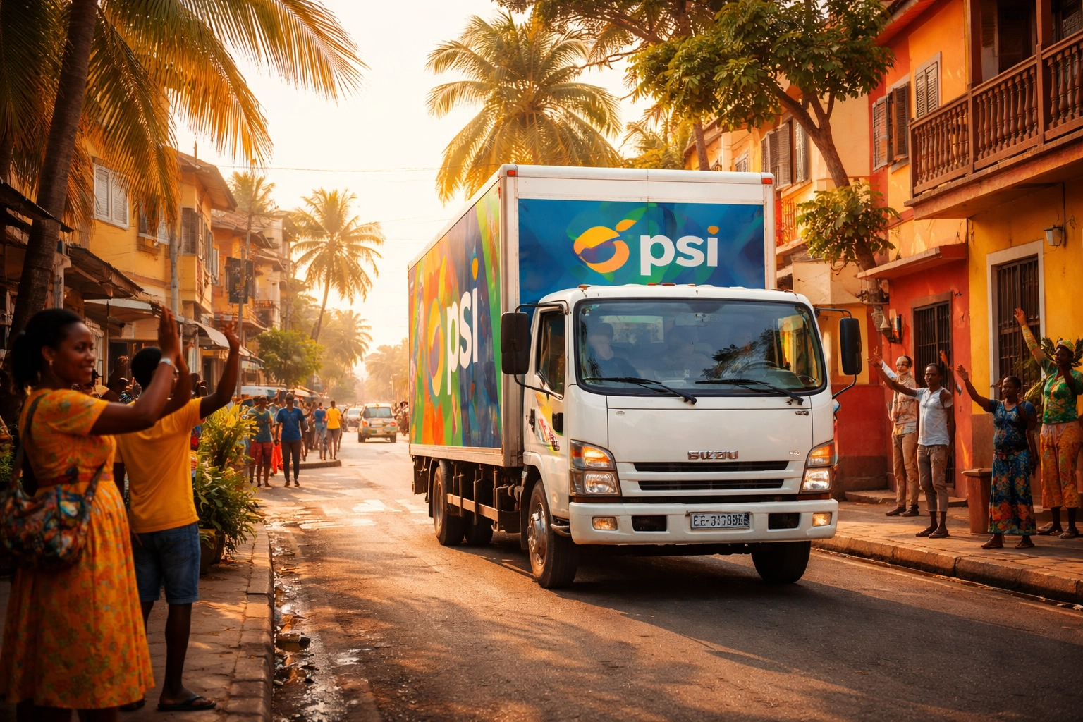 PSI delivery truck in a lively Lagos neighborhood, symbolizing seamless local logistics and protected door-to-door service.