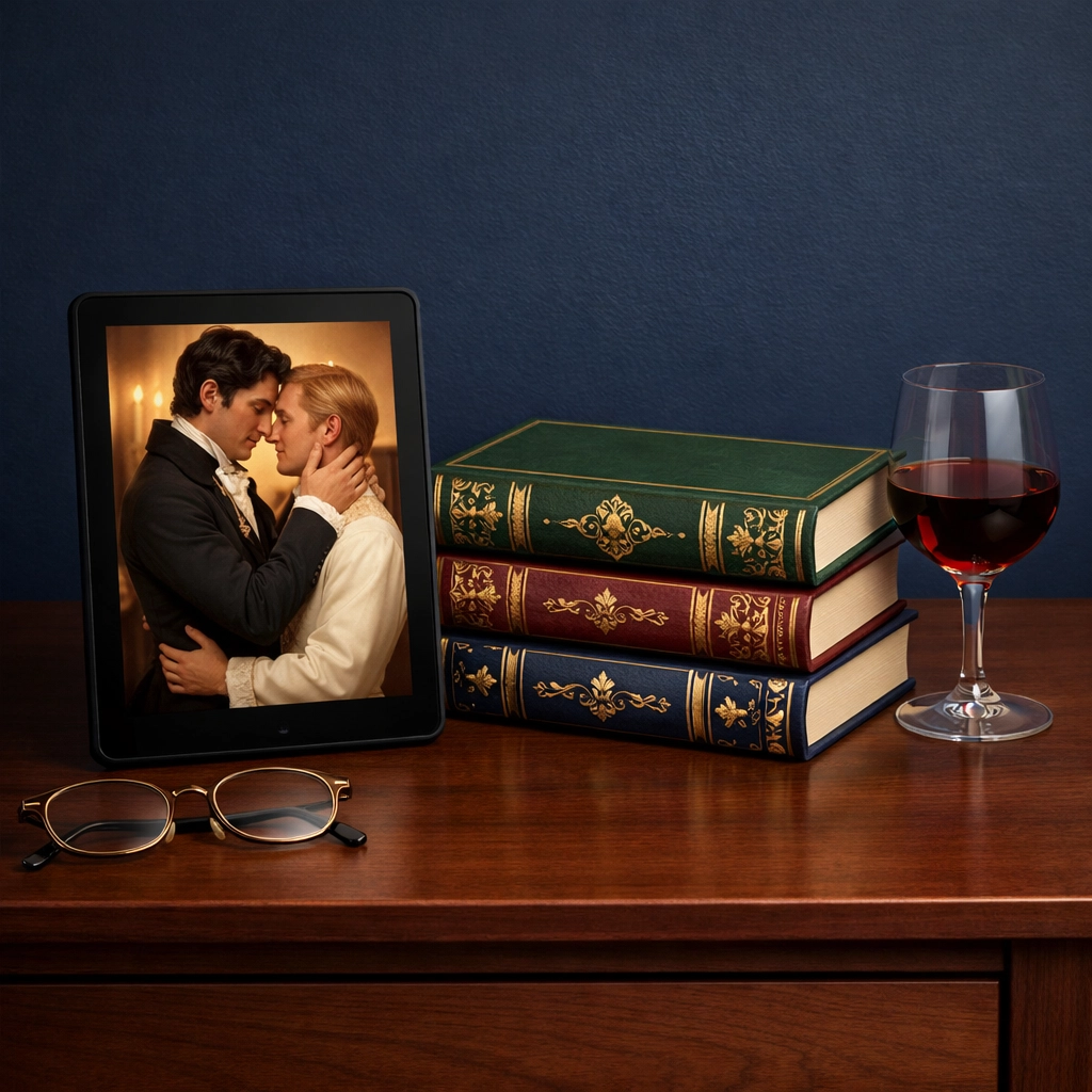 Digital and physical MM romance books on a nightstand featuring gay historical romance cover art.