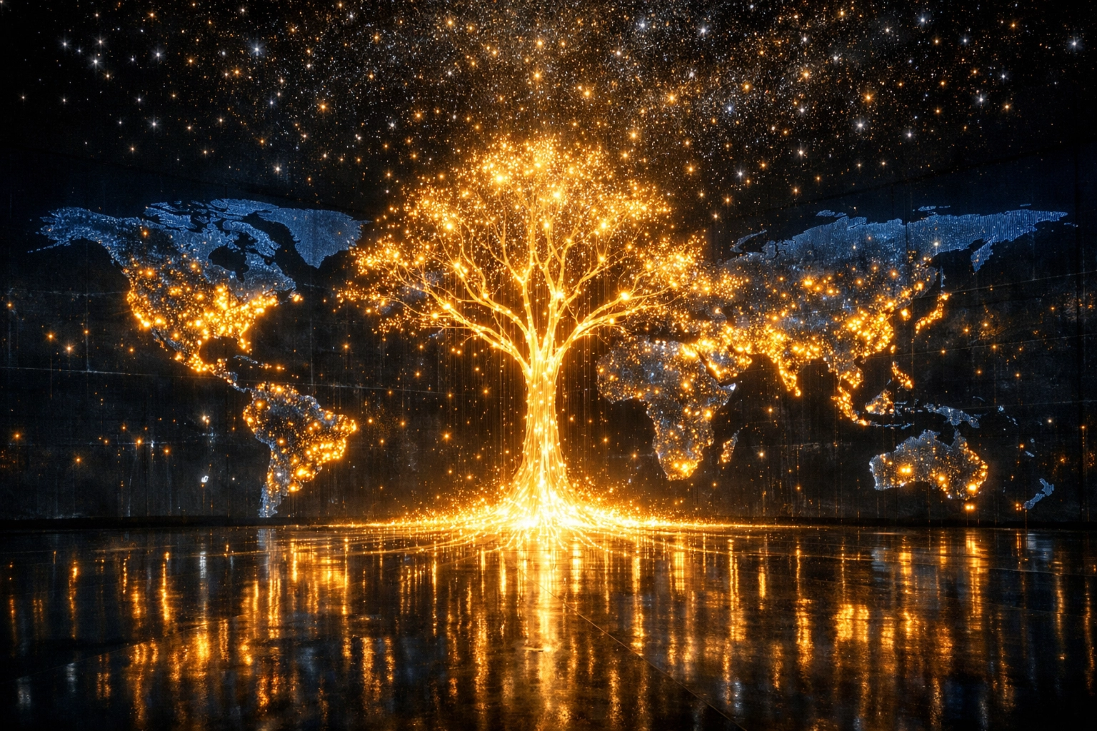 A glowing digital world map visualizing Larecoin’s global social impact and humanitarian projects.