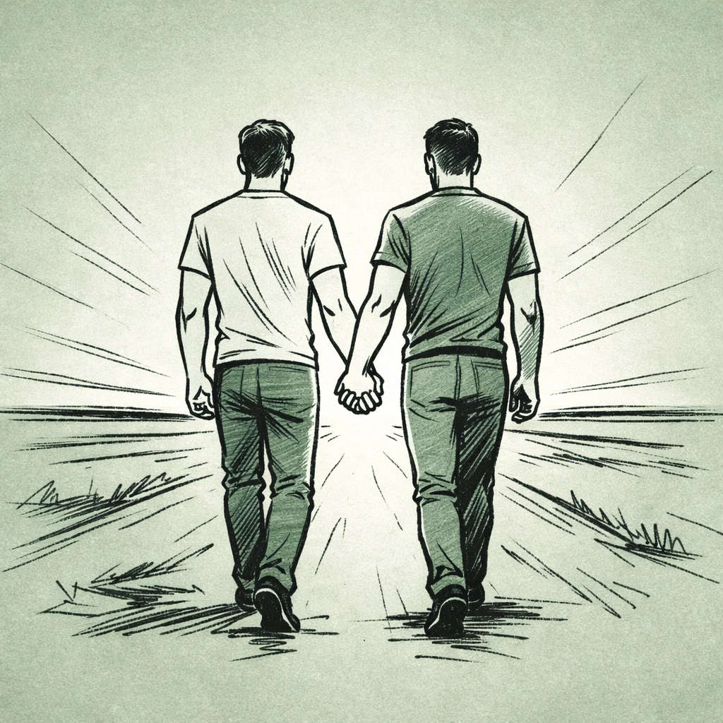 Two men walking hand-in-hand toward the horizon, symbolizing pride and the journey of living an authentic queer life.