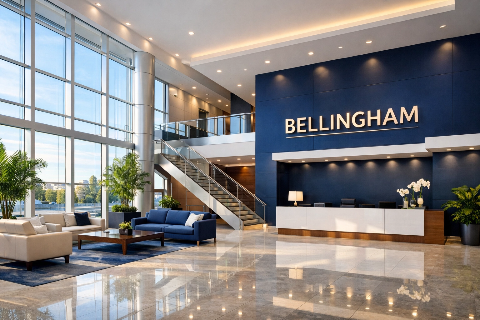 Pristine corporate office lobby in Bellingham MA, showcasing professional commercial cleaning and floor maintenance.