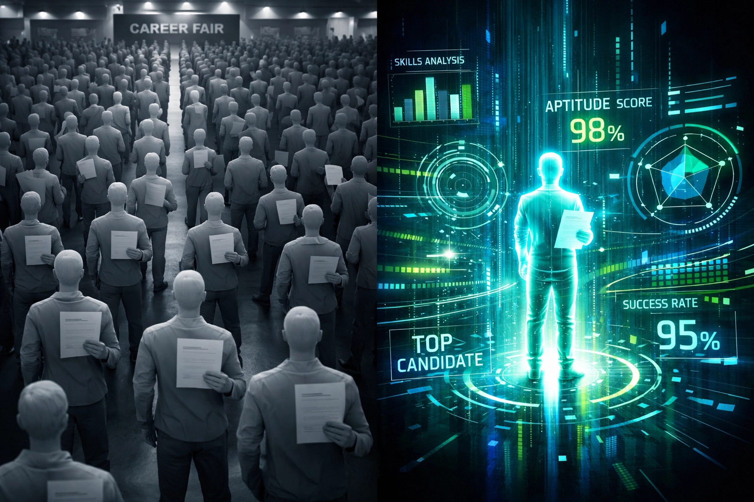 Career fair comparison showing generic student resumes versus AI-driven industry readiness assessment data