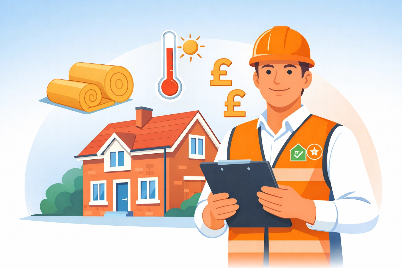 Certified contractor with TrustMark badge standing by UK home for Warm Homes Plan energy efficiency work