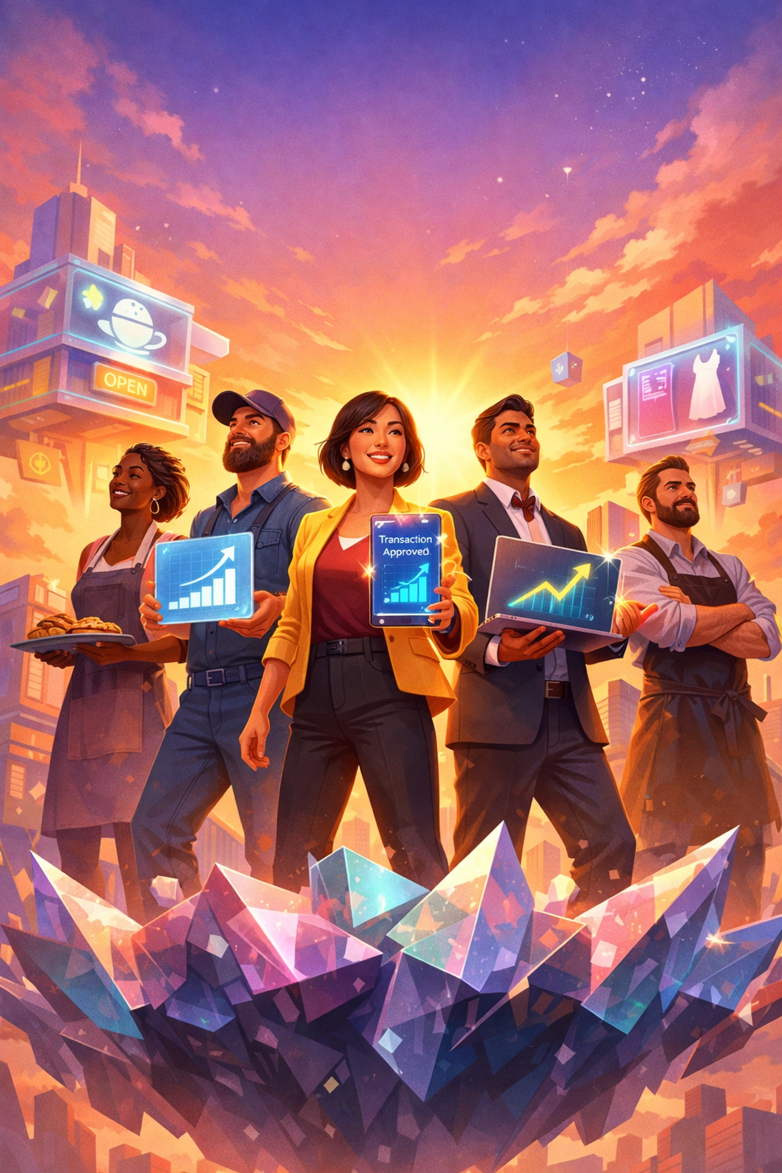 Global merchants using holographic storefronts representing the future of decentralized Web3 commerce.