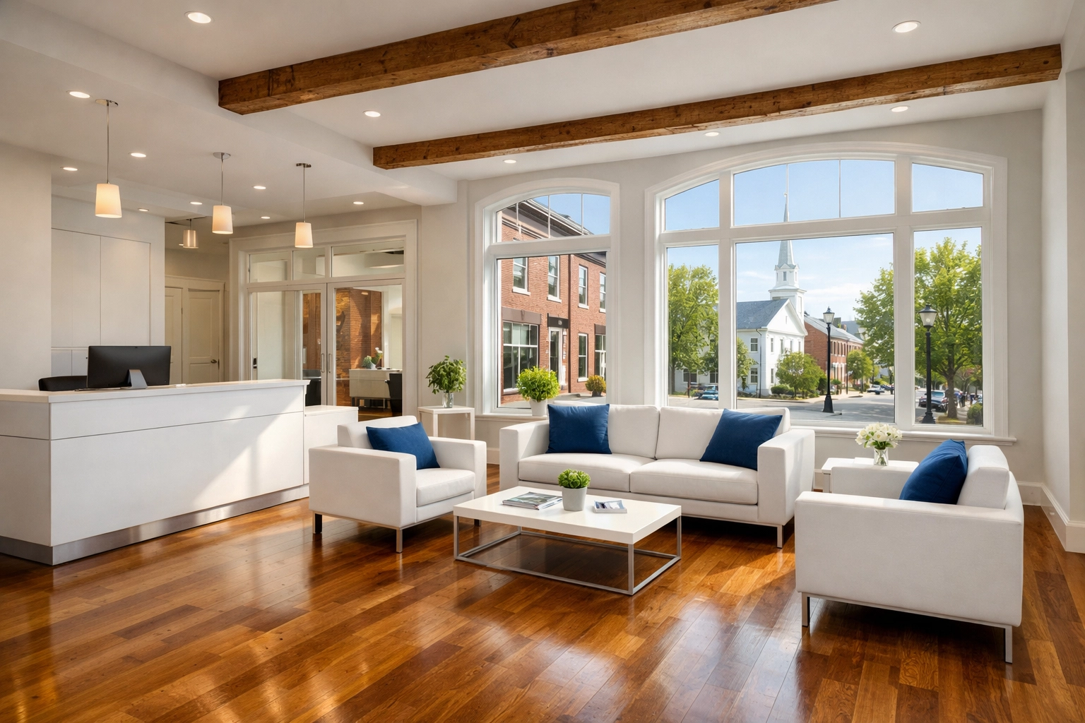 Clean and sunlit office lobby in Lancaster, MA featuring polished floors and professional furniture.