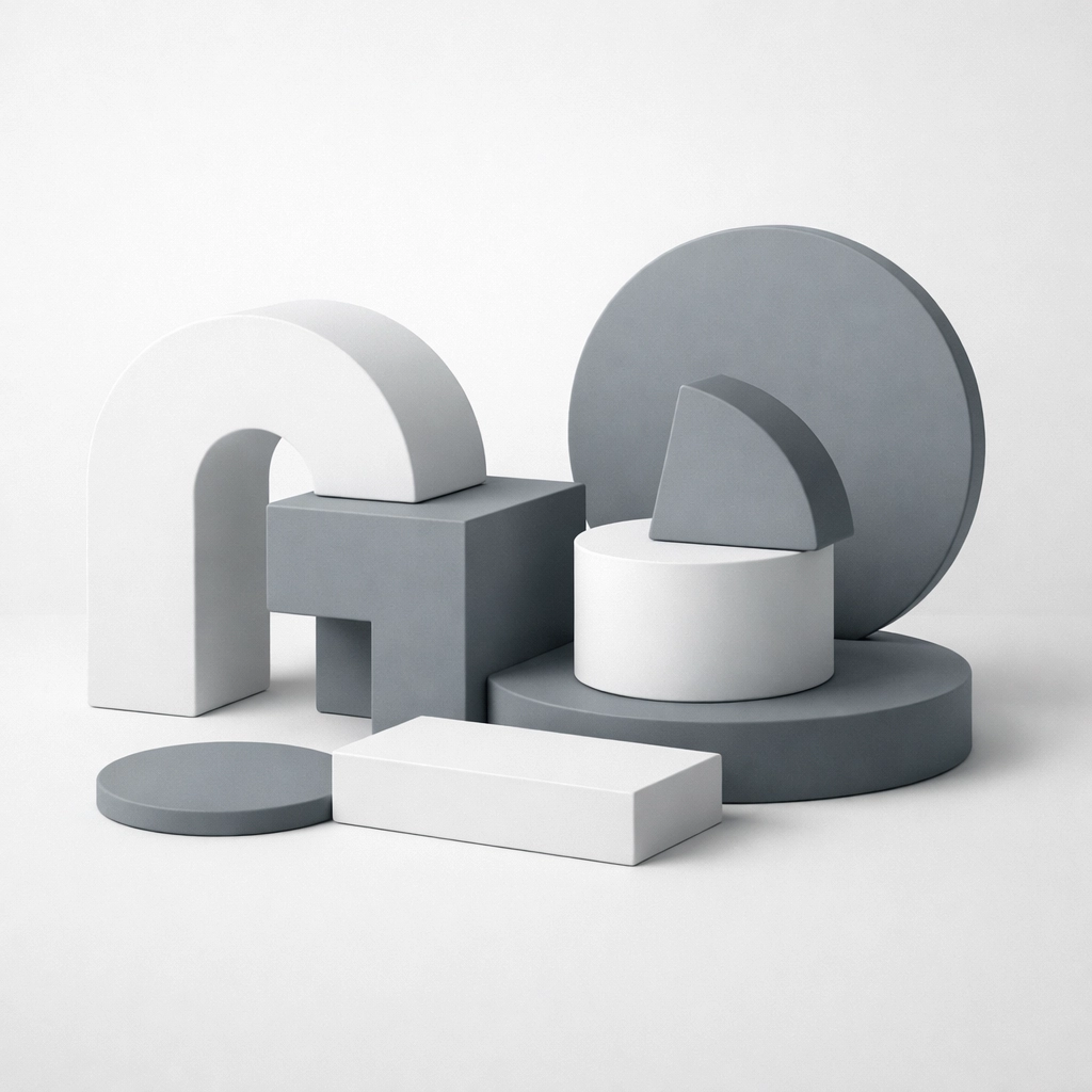 Minimalist interlocking shapes illustrating the modular agility and remote operational support of automated workflows.