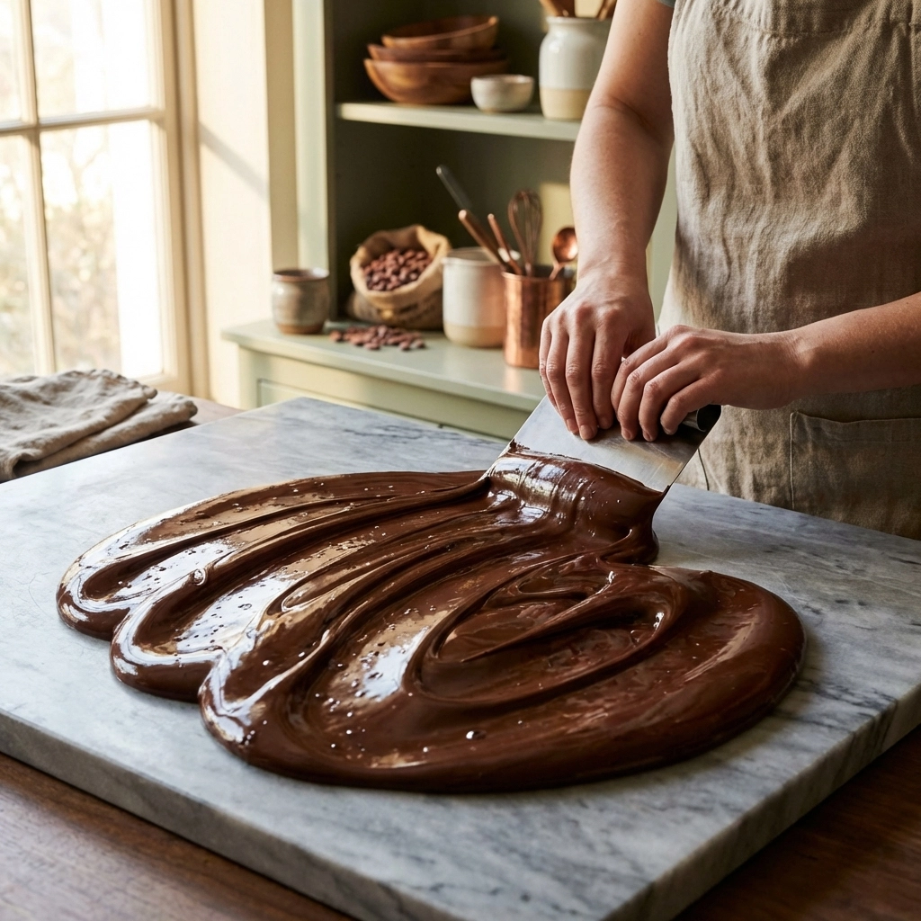 Tabling tempering technique in action as glossy chocolate is spread across a marble slab by a chocolatier