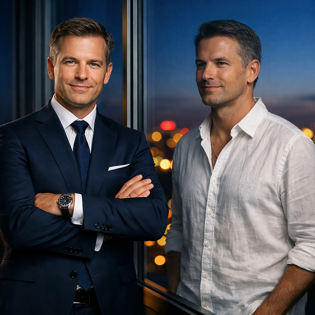 Business owner reflecting on his identity and exit strategy at dusk in a modern office.