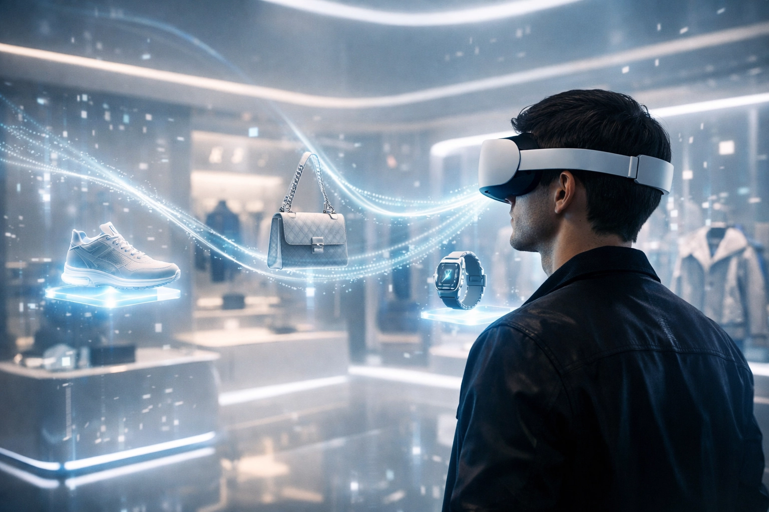 A shopper in a VR headset exploring a futuristic digital store powered by Larecoin AI spatial intelligence.