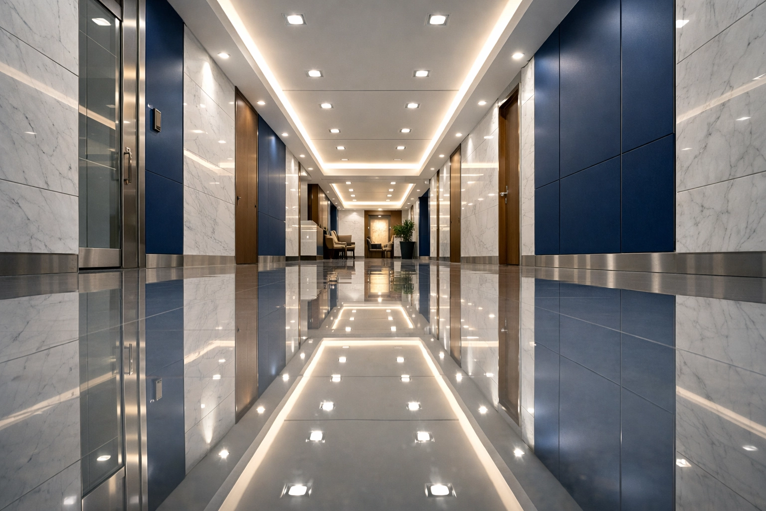 Professionally cleaned commercial lobby floors with a high-gloss finish in Dracut, MA.